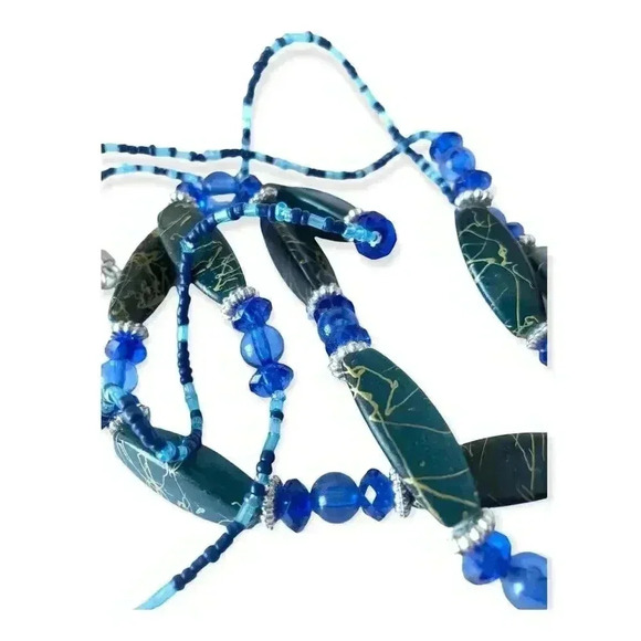 Blue Beaded Necklace Multi Strand Green Faceted 24" - Picture 4 of 8